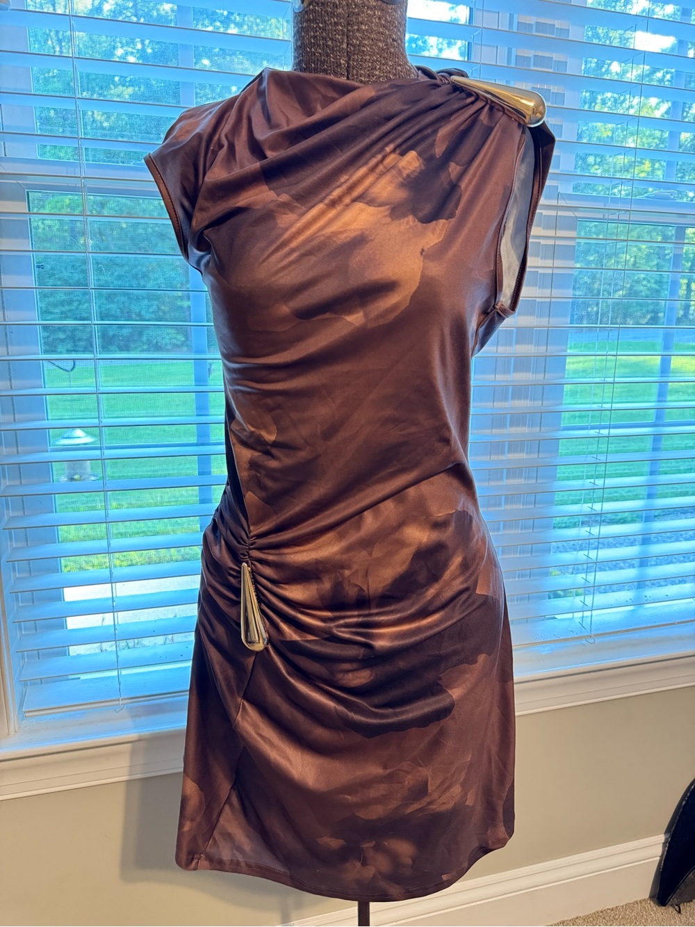 SHEIN One-Shoulder Satin Cocktail Dress in Chocolate Brown with Gold Accent